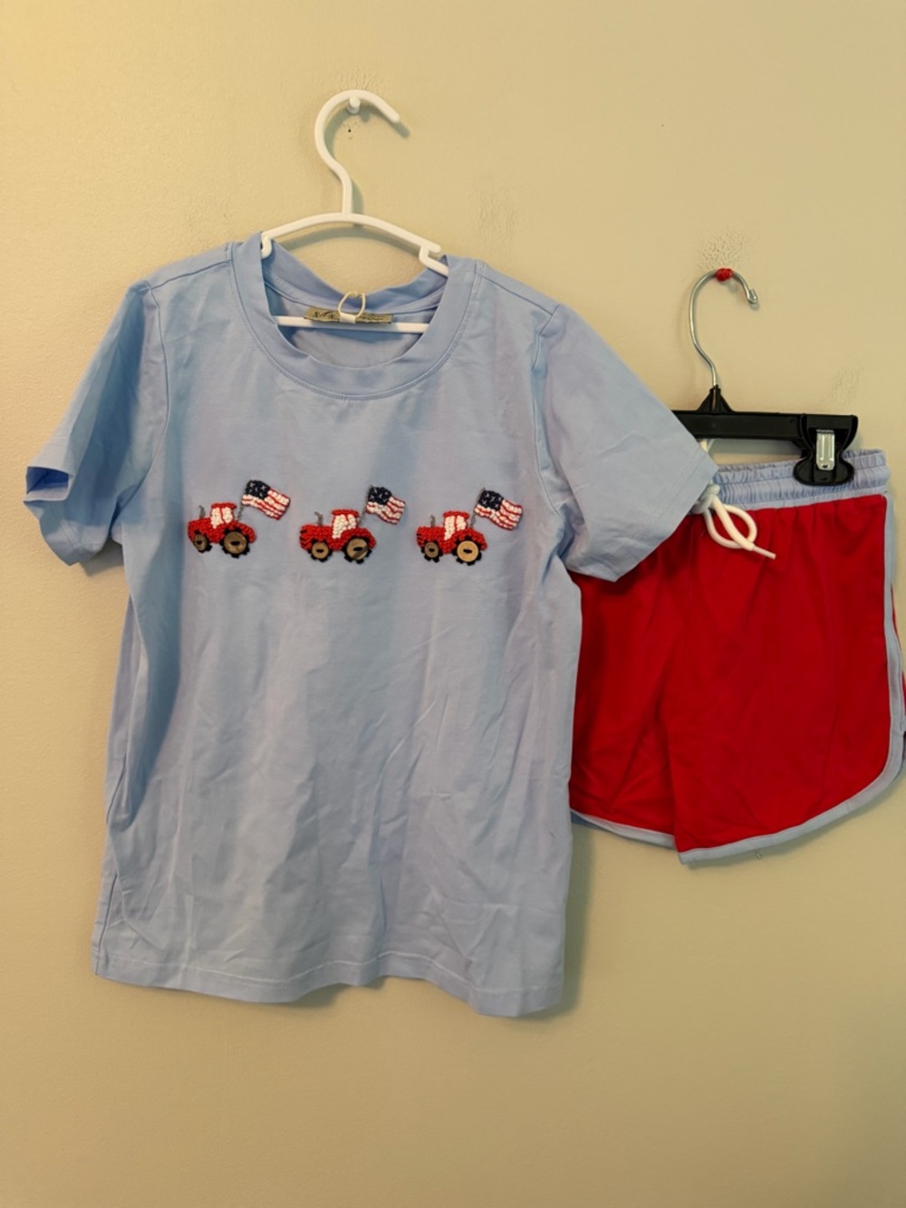 Southern Darlin’ Smocks Blue Truck Flag shirt with Matching Shorts